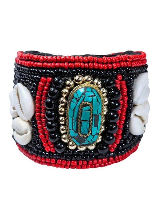 Unbranded Jewelry - Handmade Beaded Cuff Bracelet Red & Black Seed Beads, Cowrie Shells, Turquoise